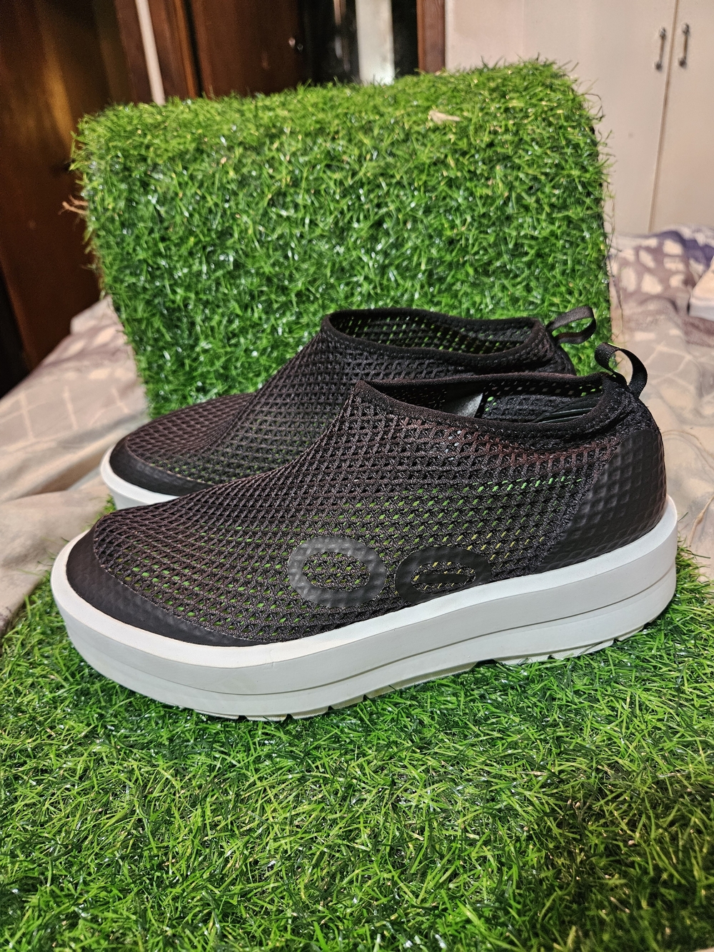 OOFOS Women’s Black Mesh Slip-On Sneakers with White Platform Sole